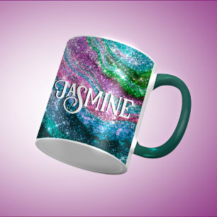 Whimsical golvend groen roze Glitter monogram Mok