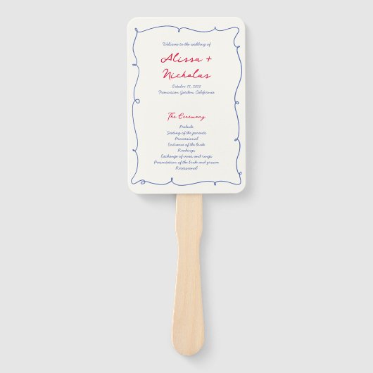 Whimsical golvende kleurrijke grens bruiloft progr handwaaier (Voorkant)