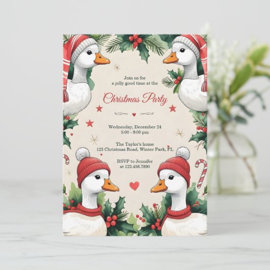 Whimsical Goose Cozy Winter Christmas Party Kaart (Staand voorkant)
