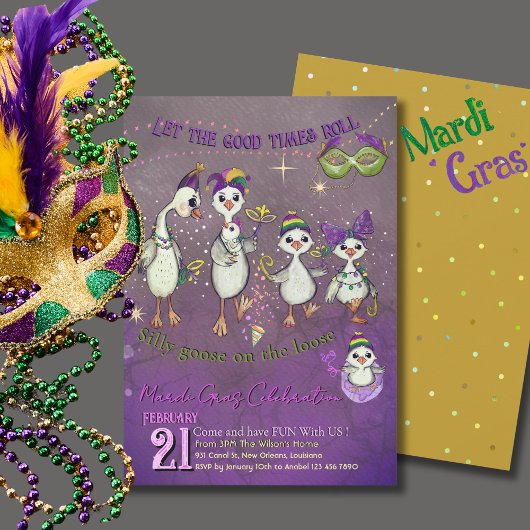 Whimsical Goose Family Mardi Gras Purple Yellow Kaart