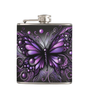Whimsical Gothic Butterfly Paarse Zwart Kleurrijk Heupfles