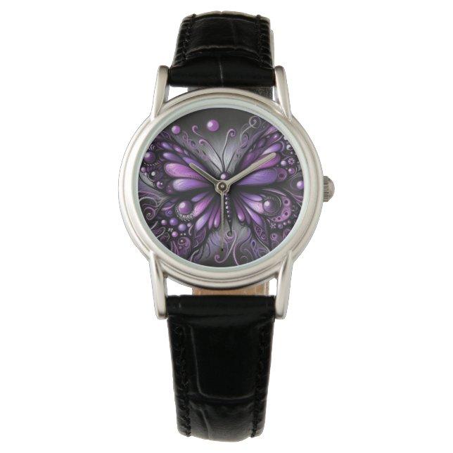 Whimsical Gothic Butterfly Paarse Zwart Kleurrijk Horloge (Voorkant)