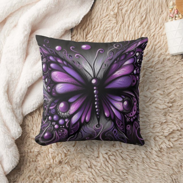 Whimsical Gothic Butterfly Paarse Zwart Kleurrijk Kussen (Deken)
