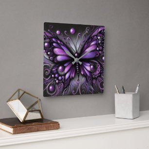 Whimsical Gothic Butterfly Paarse Zwart Kleurrijk Vierkante Klok