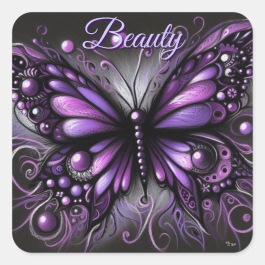 Whimsical Gothic Butterfly Paarse Zwart Kleurrijk Vierkante Sticker (Voorkant)