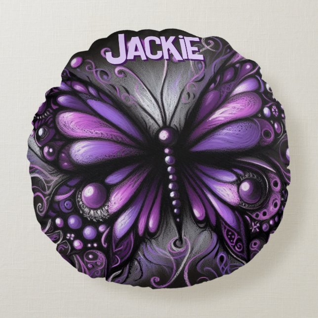 Whimsical Gothic Butterfly Purple Personalized Rond Kussen (Voorkant)