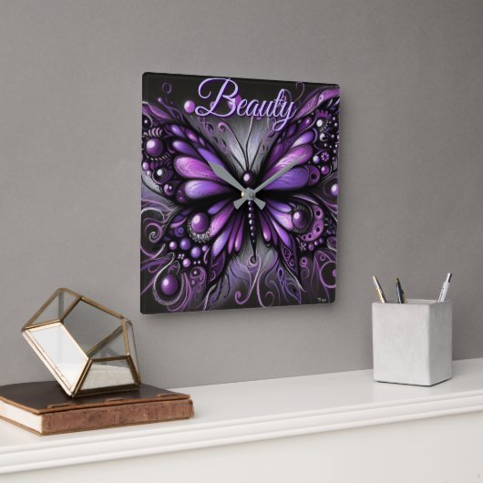 Whimsical Gothic Butterfly Purple Personalized Vierkante Klok (Kantoor)