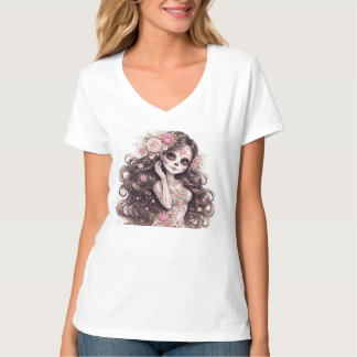 Whimsical Gothic Girl Bloemrijke Fantasie T-Shirt