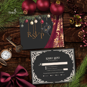 Whimsical Gothic Zwarte Kat Kerstfeest Uitnodiging Informatiekaartje