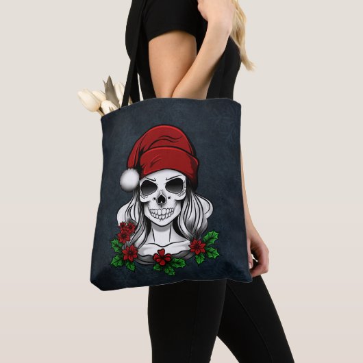 Whimsical Gotische Kerstman schedel Kerstmis Tote Bag (Dichtbij)
