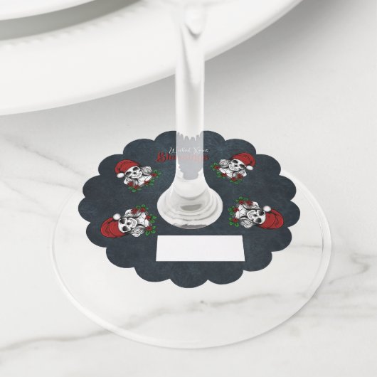 Whimsical Gotische Kerstman schedel Kerstmis Wijnglaslabel (Dichtbij)