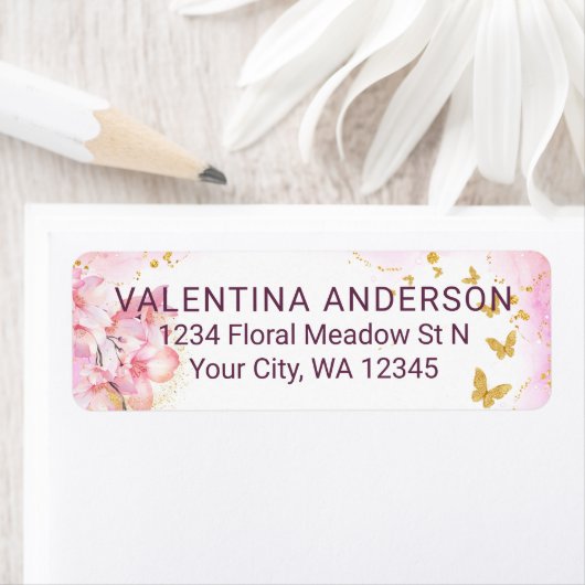 Whimsical gouden glitter vlinders roze bloemen etiket (Insitu)