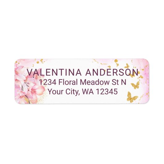 Whimsical gouden glitter vlinders roze bloemen etiket (Voorkant)