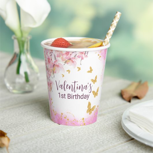 Whimsical gouden glitter vlinders roze bloemen papieren bekers (Insitu)