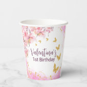 Whimsical gouden glitter vlinders roze bloemen papieren bekers (Achterkant)