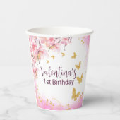 Whimsical gouden glitter vlinders roze bloemen papieren bekers (Voorkant)