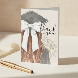 Whimsical Graduation Cap with Bow & Pearls Script Bedankkaart