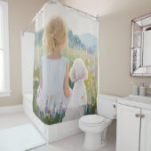 Whimsical Grand Millennial Girl en Dog Art Douchegordijn (In situ)