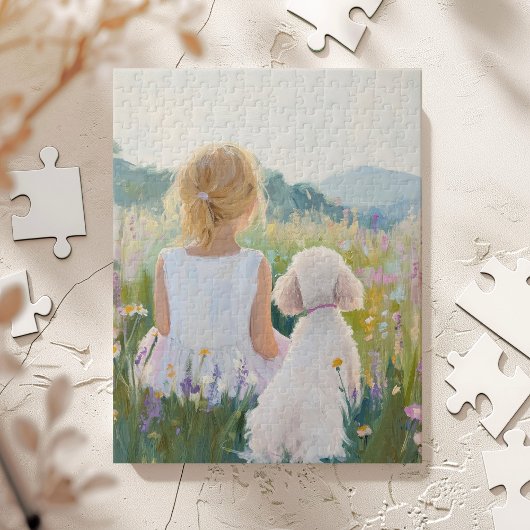 Whimsical Grand Millennial Girl en Dog Art Print Legpuzzel