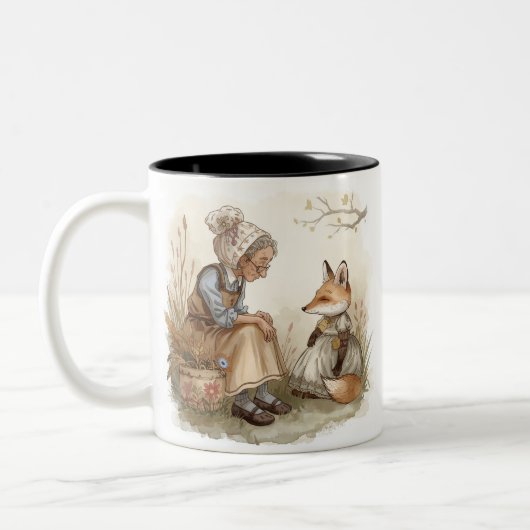 Whimsical Grandma & Fox Coffee Mug – Cozy Kind_One Tweekleurige Koffiemok (Links)