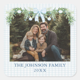 Whimsical Grandmillenial Blauwe Strik Familie Foto Vierkante Sticker