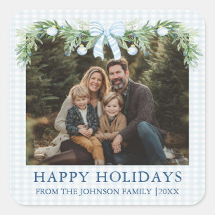Whimsical Grandmillenial Blauwe Strik Familie Foto Vierkante Sticker