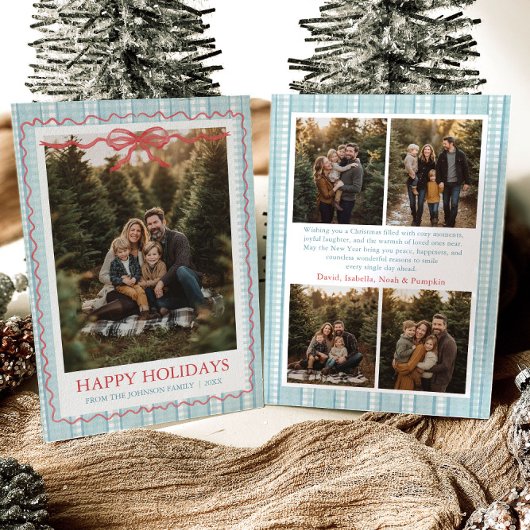 Whimsical Grandmillenial Blue Bow Family Photo Feestdagenkaart