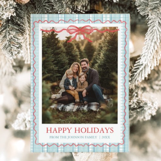 Whimsical Grandmillenial Blue Bow Family Photo Feestdagenkaart