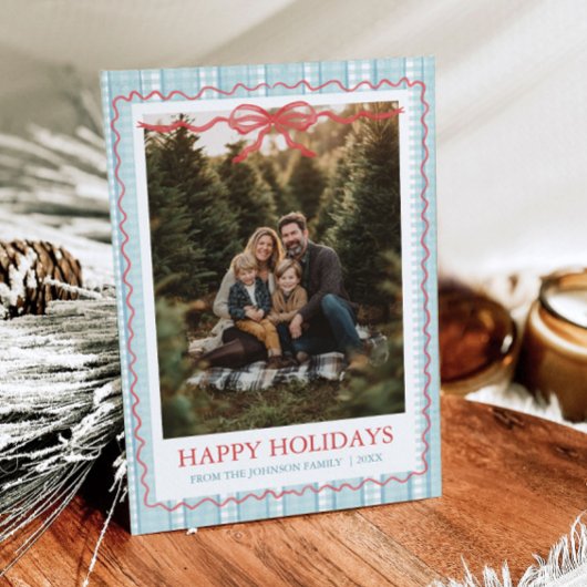 Whimsical Grandmillenial Blue Bow Family Photo Feestdagenkaart