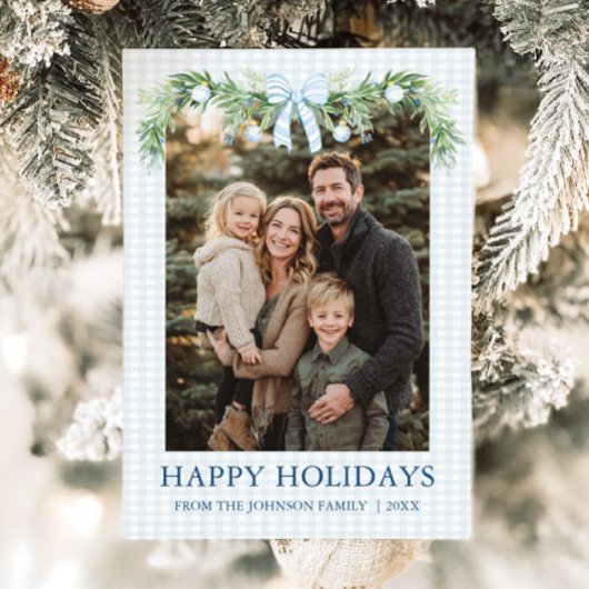 Whimsical Grandmillenial Blue Bow Family Photo Feestdagenkaart