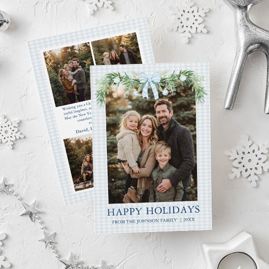 Whimsical Grandmillenial Blue Bow Family Photo Feestdagenkaart