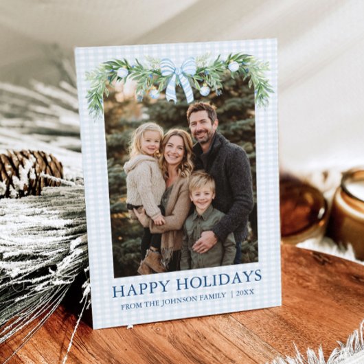 Whimsical Grandmillenial Blue Bow Family Photo Feestdagenkaart