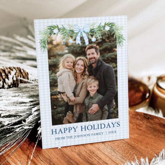 Whimsical Grandmillenial Blue Bow Family Photo Feestdagenkaart