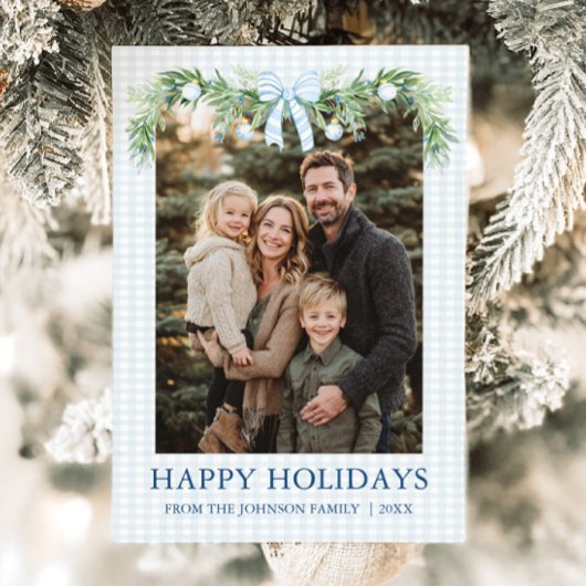 Whimsical Grandmillenial Blue Bow Family Photo Feestdagenkaart