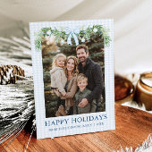 Whimsical Grandmillenial Blue Bow Family Photo Feestdagenkaart