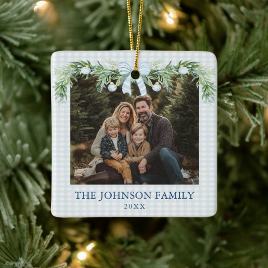 Whimsical Grandmillenial Blue Bow Family Photo Keramisch Ornament (Boom)