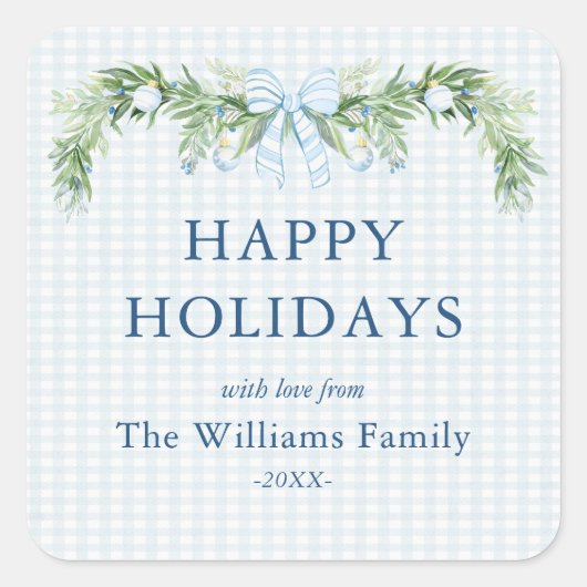 Whimsical Grandmillenial Gingham Blue Bow Garland  Vierkante Sticker (Voorkant)