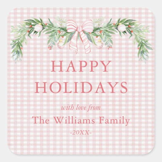 Whimsical Grandmillenial Gingham Pink Bow Garland  Vierkante Sticker (Voorkant)
