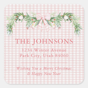 Whimsical Grandmillenial Gingham Roze Strik Garlan Vierkante Sticker