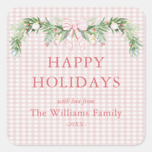Whimsical Grandmillenial Gingham Roze Strik Garlan Vierkante Sticker