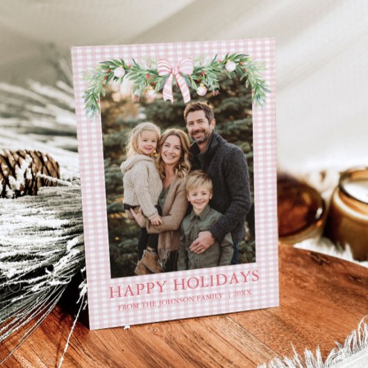 Whimsical Grandmillenial Pink Bow Family Photo Feestdagenkaart