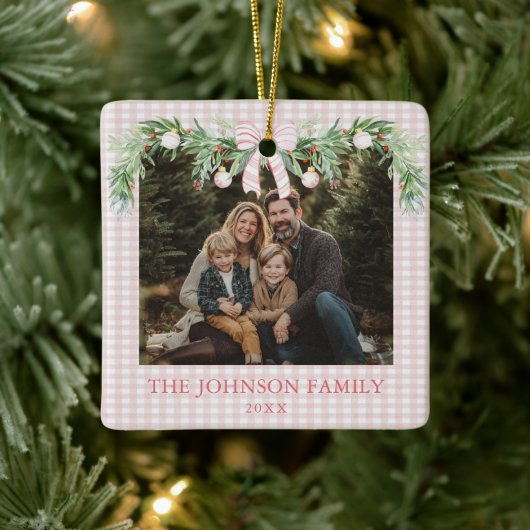 Whimsical Grandmillenial Pink Bow Family Photo Keramisch Ornament (Boom)