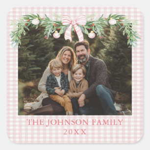 Whimsical Grandmillenial Roze Strik Familie Foto Vierkante Sticker