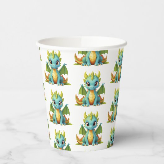 Whimsical Green Blue Baby Dragon Fantasy Party Papieren Bekers (Links)