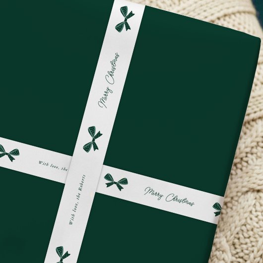 Whimsical Green Bows Merry Christmas Custom Name Satijnen Lint