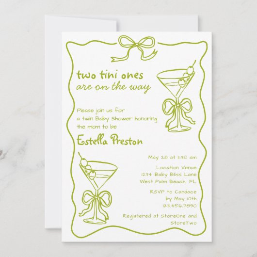 Whimsical Green Dirty Martinis Twin Baby shower Kaart (Voorkant)
