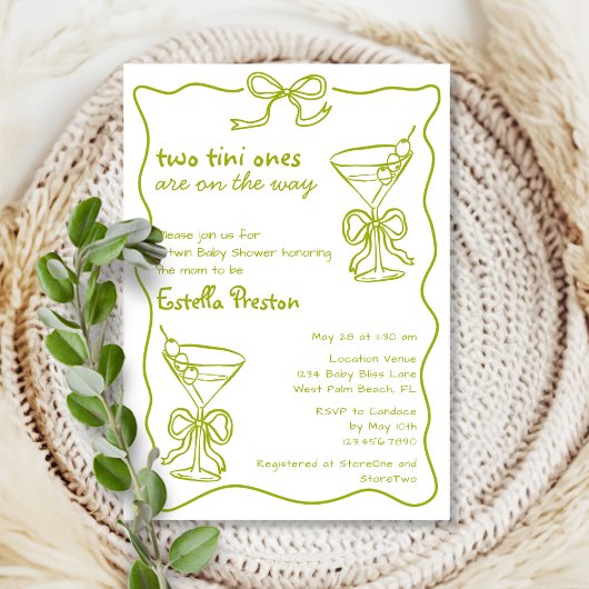 Whimsical Green Dirty Martinis Twin Baby shower Kaart