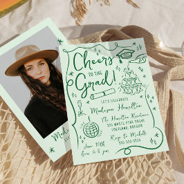 Whimsical Green Doodles Foto Afstudeerfeest Kaart