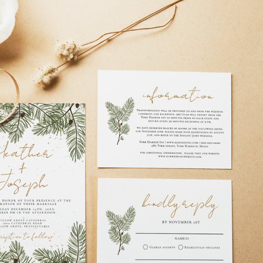 Whimsical Green en Gold Pine Cone Bruiloften info Informatiekaartje