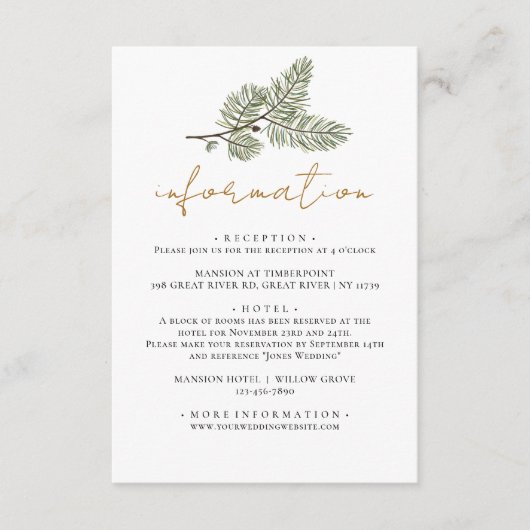 Whimsical Green en Gold Pine Cone Bruiloften info Informatiekaartje (Voorkant)